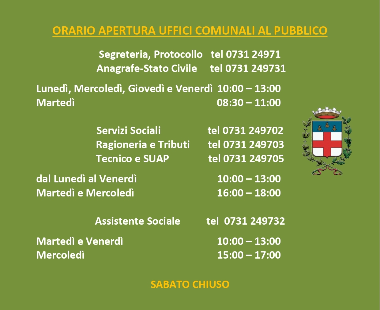 Orario Apertura Uffici Comunali al pubblico